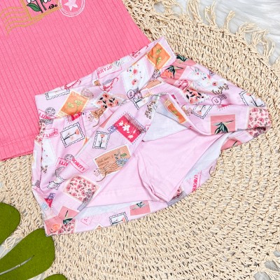 Conj. Blusa Canelada Flores Paris e Short Saia Cartão Postal - Rosa